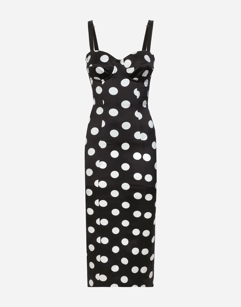 Satin midi dress with polka-dot print and corset details 1
