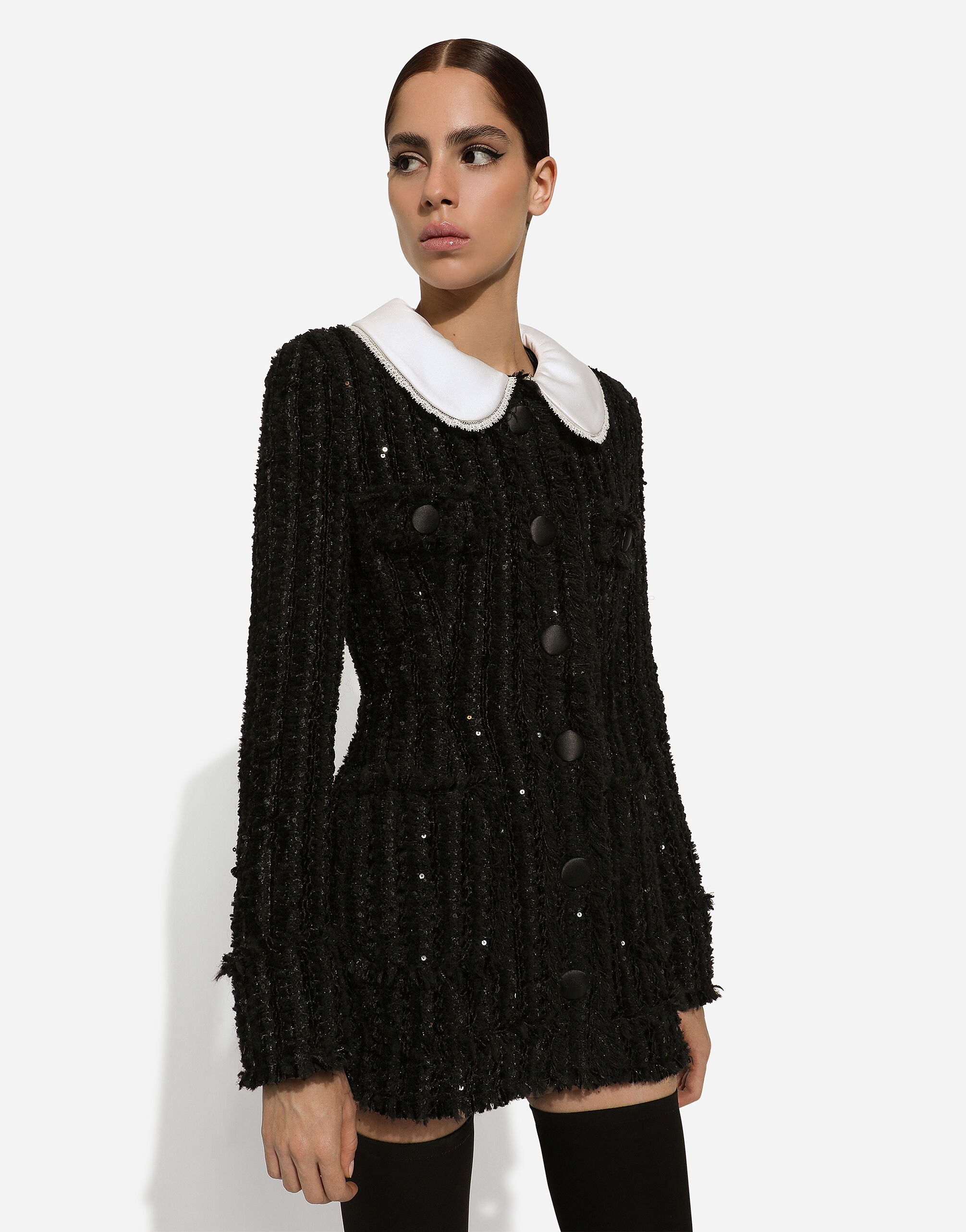 Tweed jacket with micro-sequin embellishment and satin collar - 5