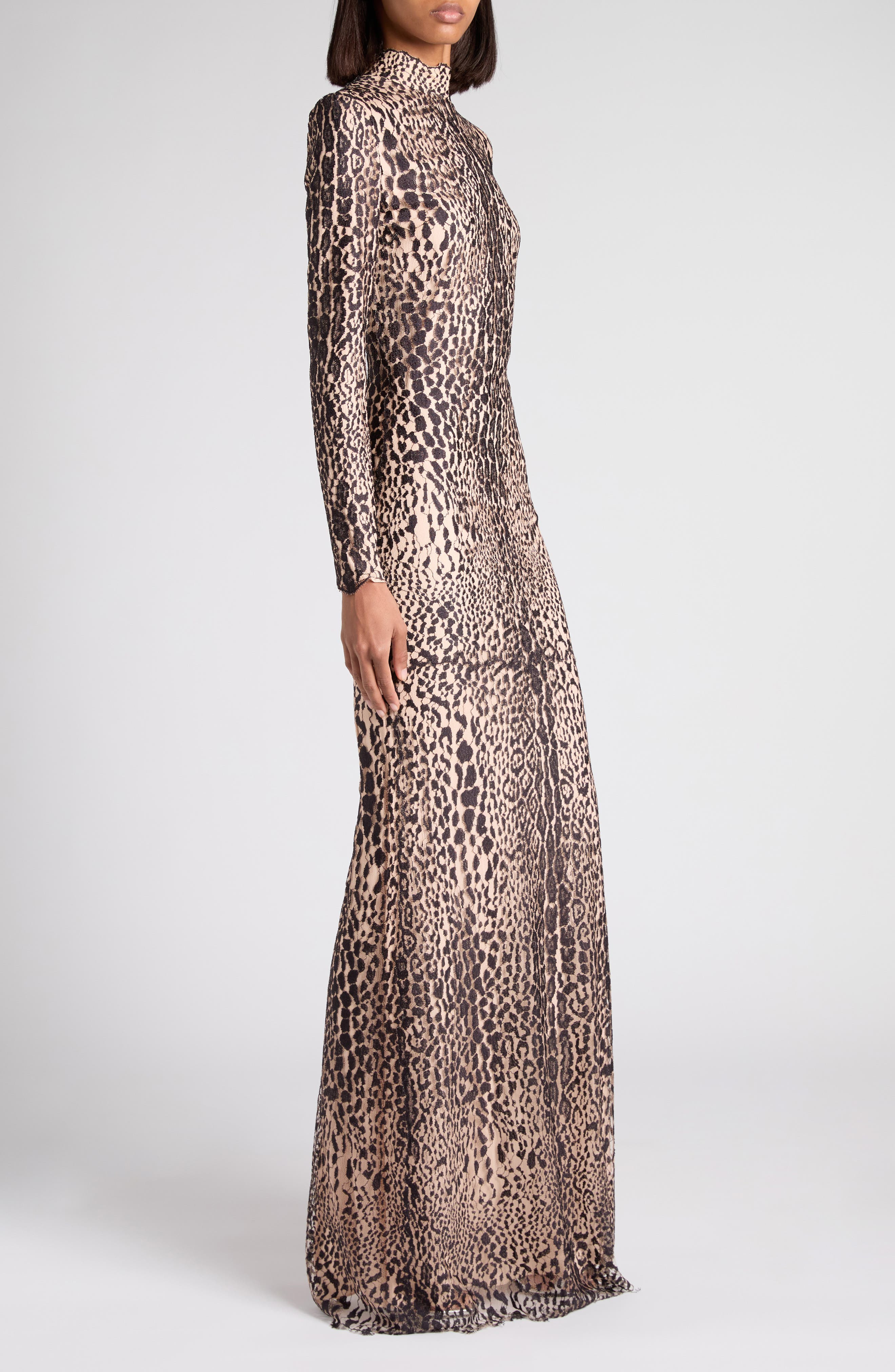 TOM FORD Leopard Print Long Sleeve Lace Gown in Xkbdp Brown/Antique Pink at Nordstrom - 3