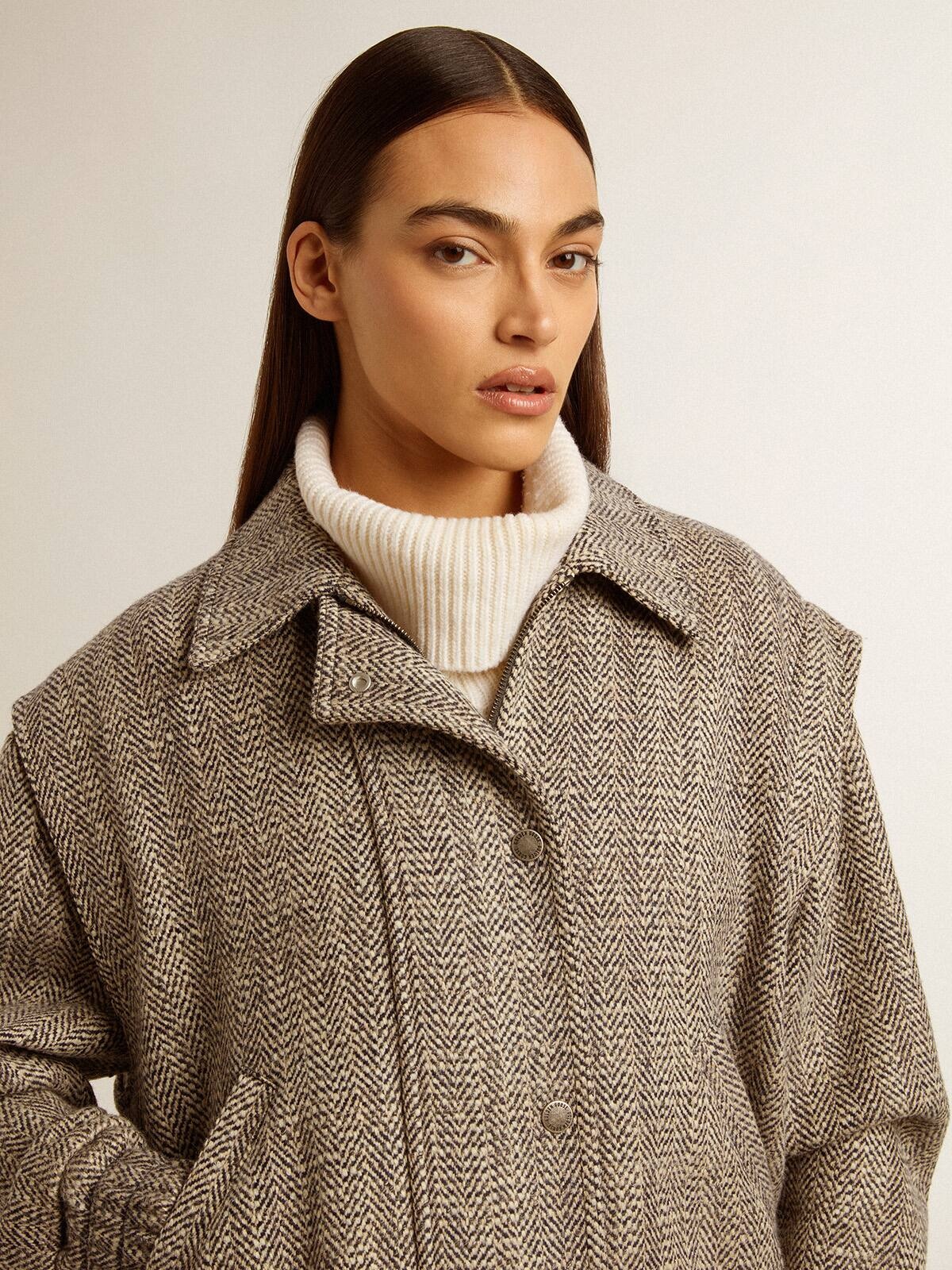 Women's bomber jacket in ecru brown herringbone wool - 5