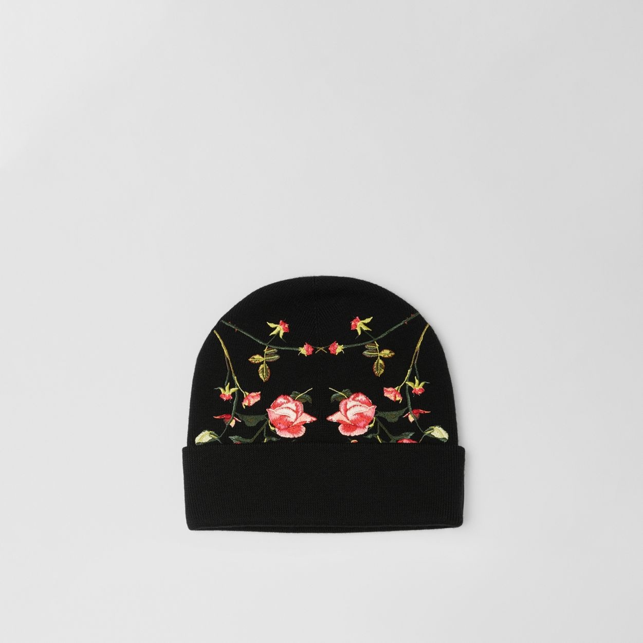 Embroidered Rose Merino Wool Beanie - 1