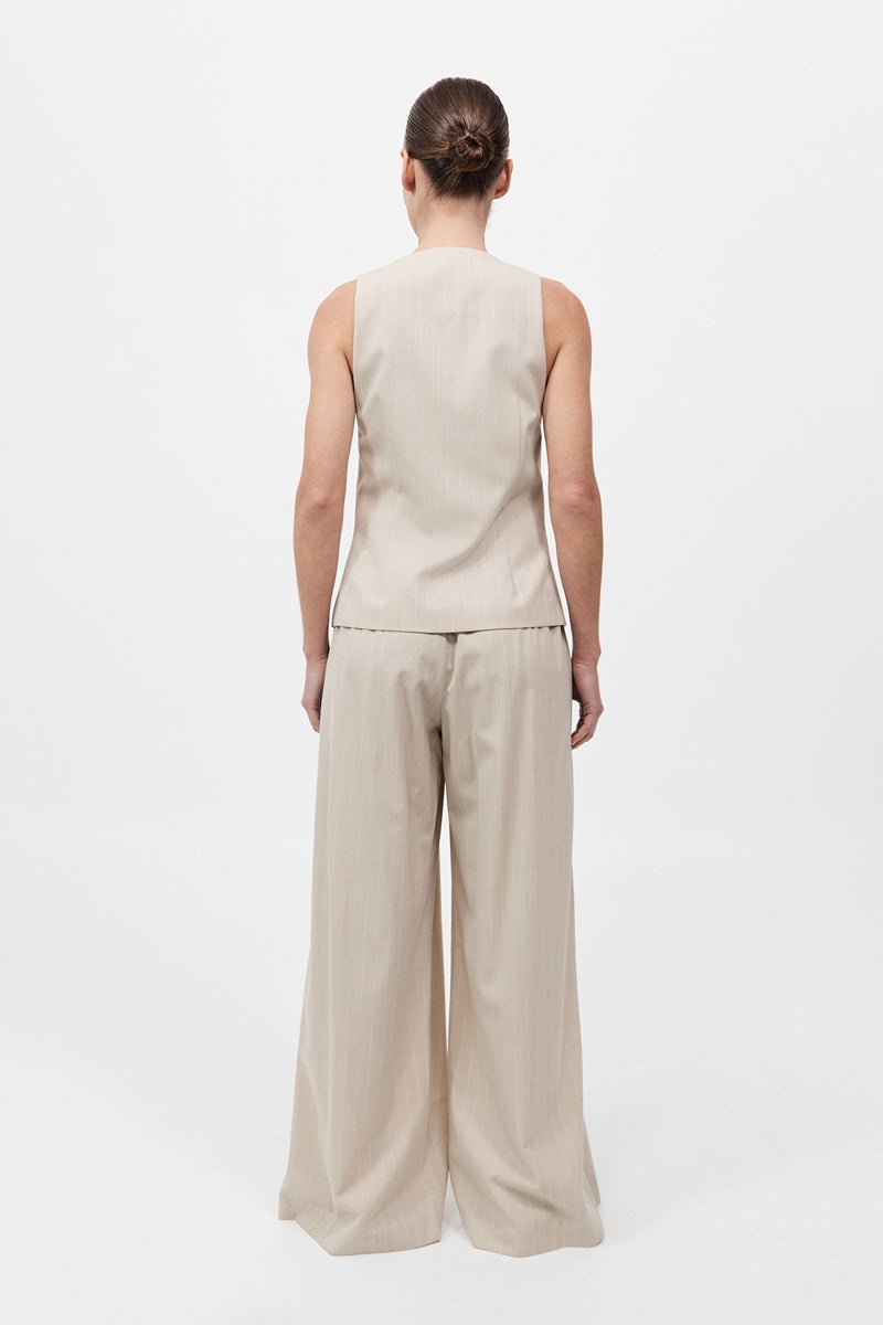 Pinstripe Wool Drawstring Pants - Latte - 5