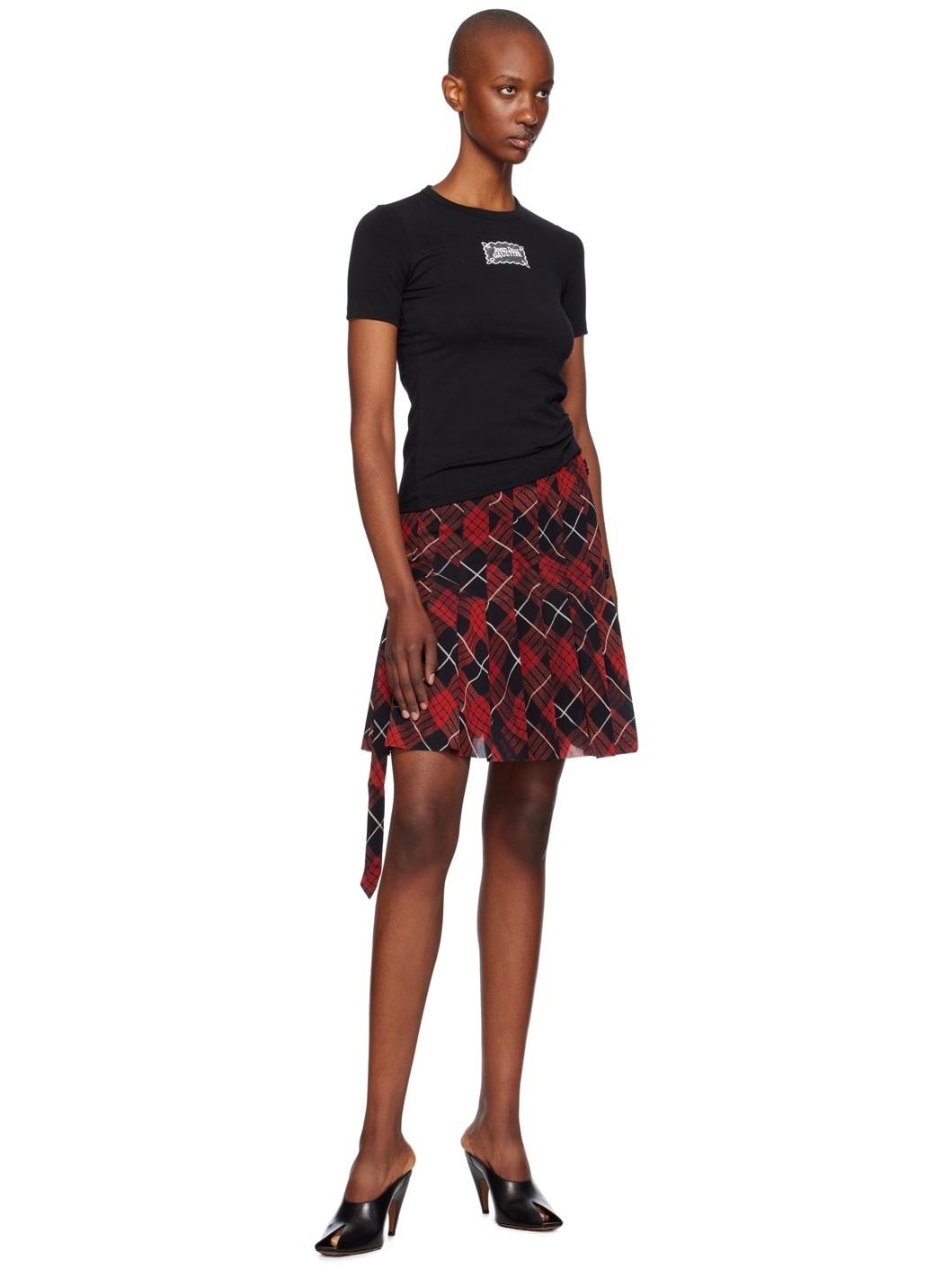 Red & Black Distorted Tartan Midi Skirt - 4