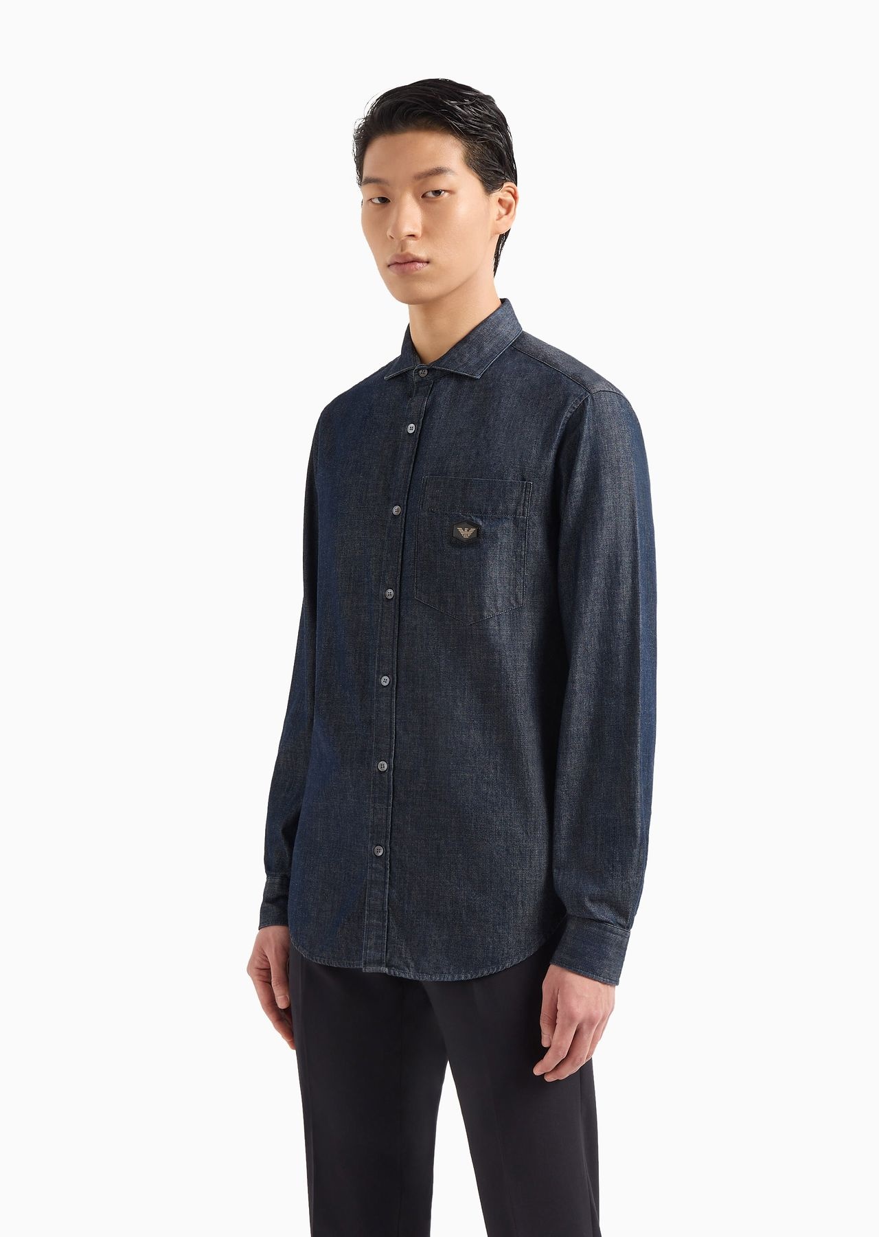 Denim shirt with breast pocket and logo patch - 2