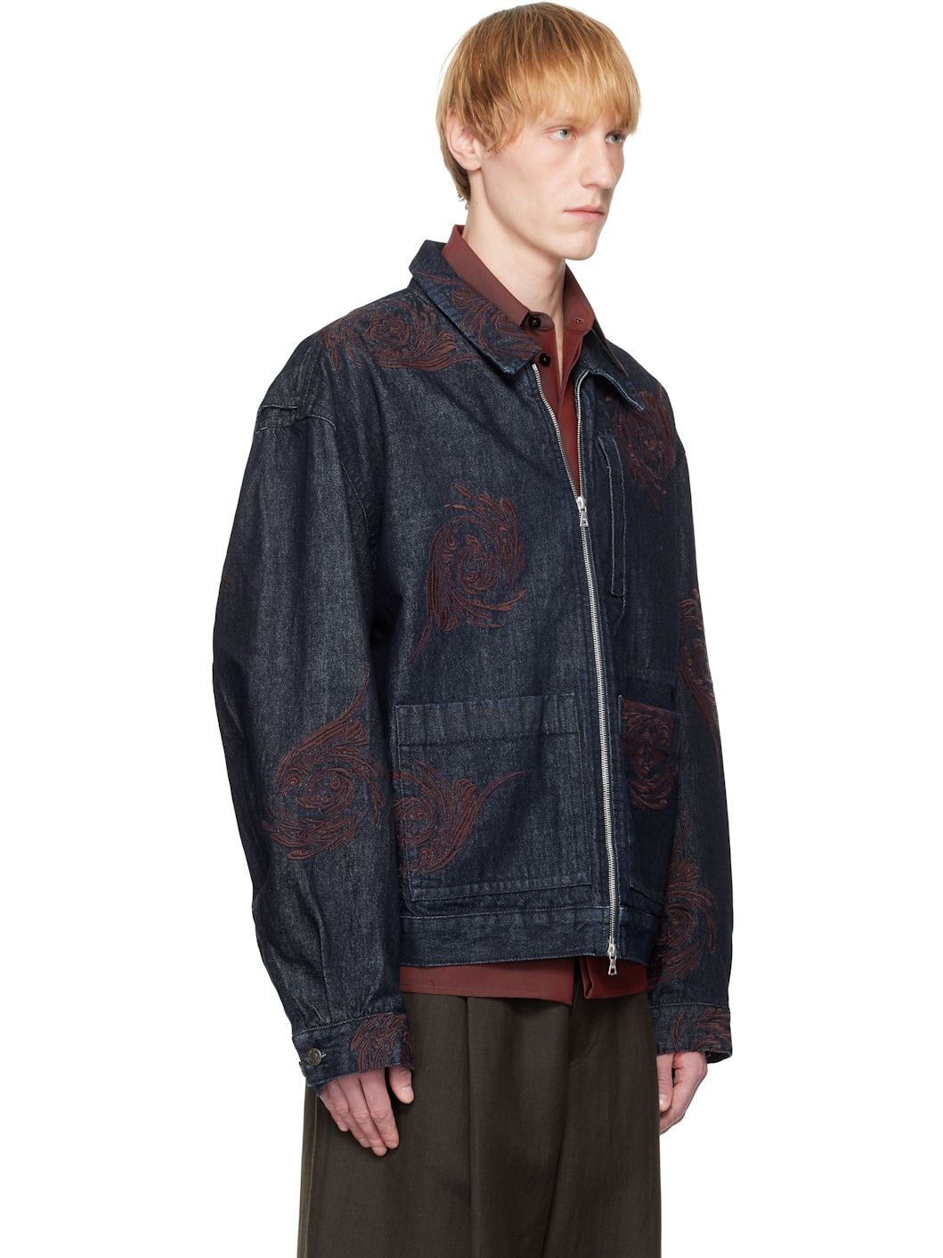 Navy Embroidered Pattern Denim Jacket - 2