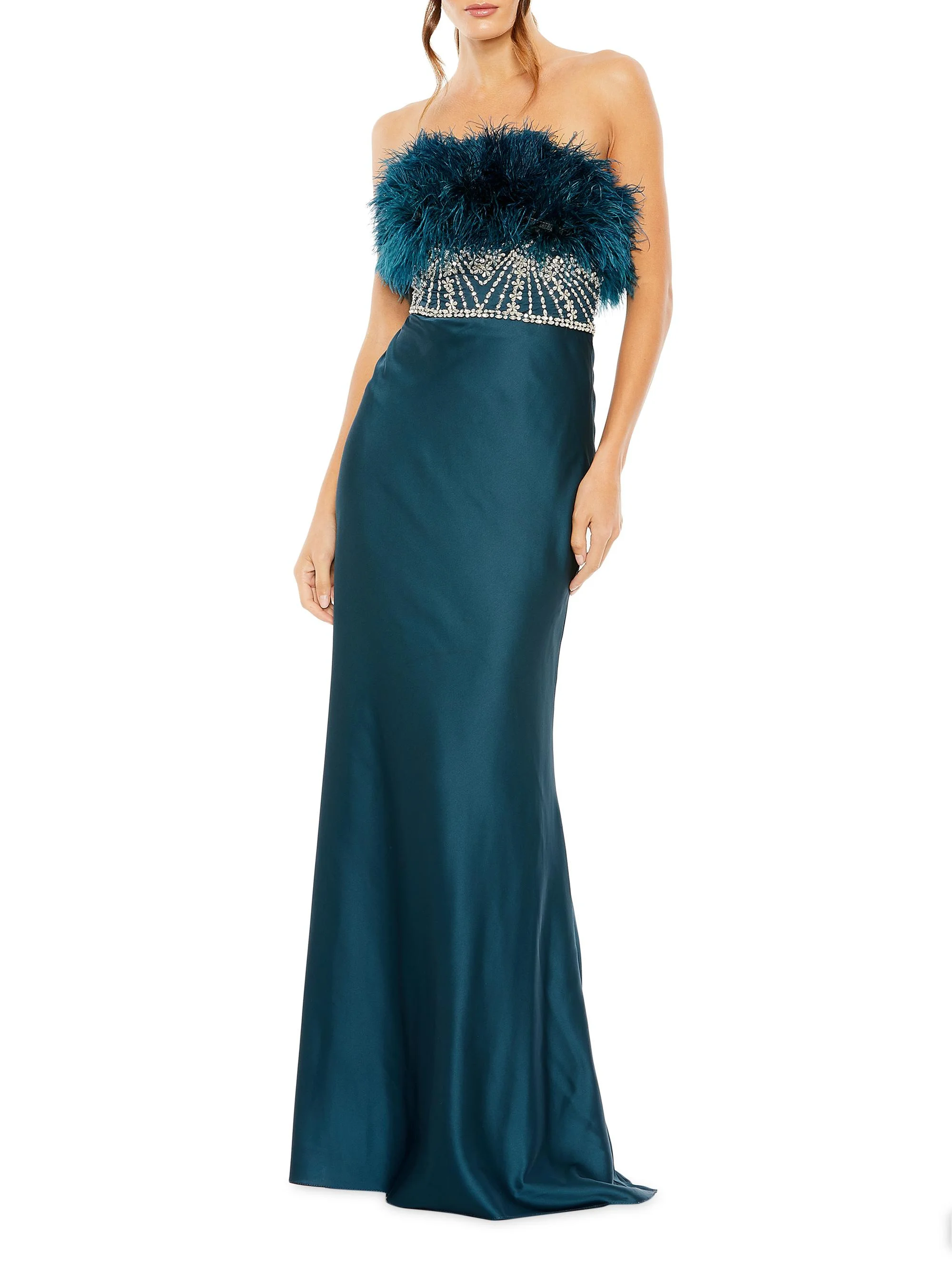 Women's Feather Rhinestone Column Gown - Teal - 1