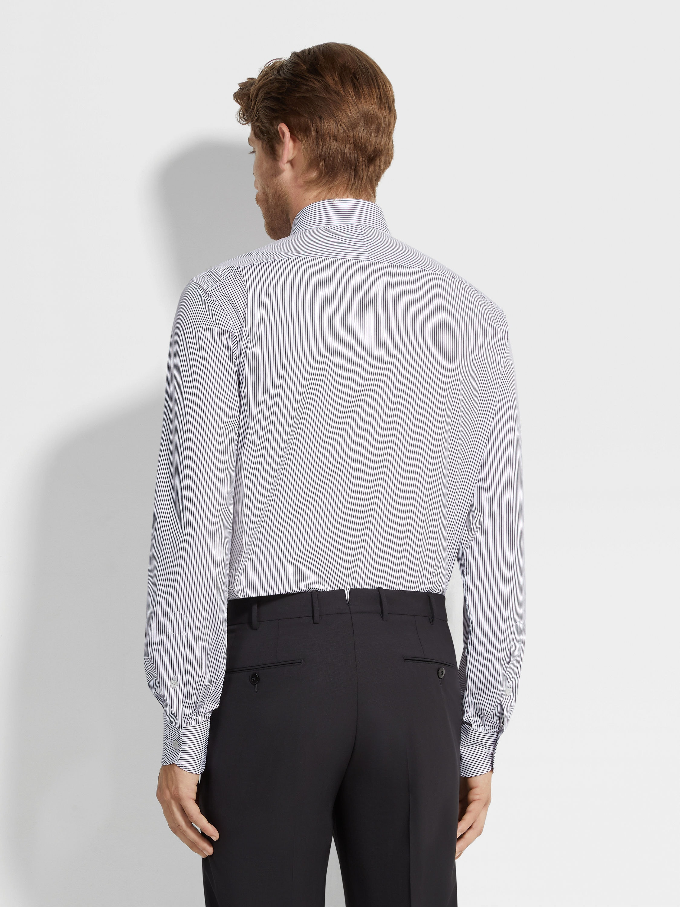 NAVY BLUE AND WHITE MICRO-STRIPED CENTOVENTIMILA COTTON SHIRT - 4
