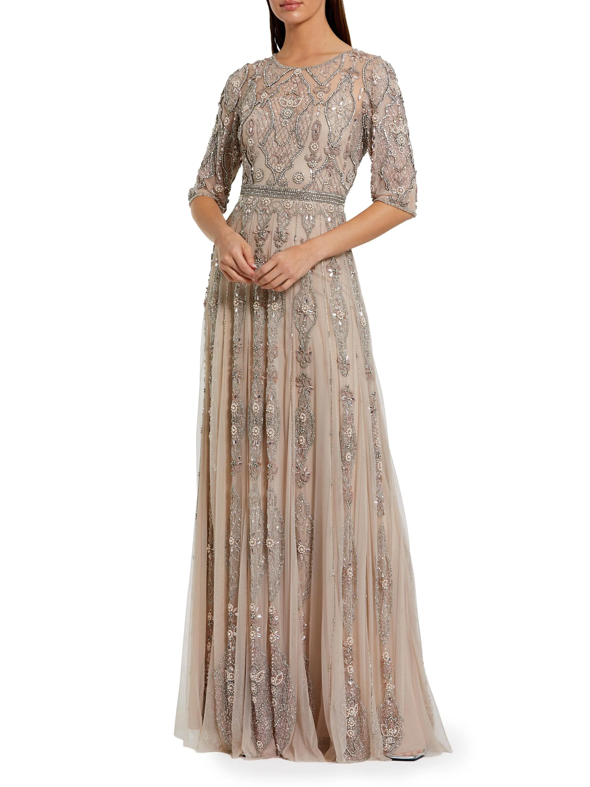 Women's Three-Quarter Sleeve Embellished Mesh Gown - Vintage Lilac - 1