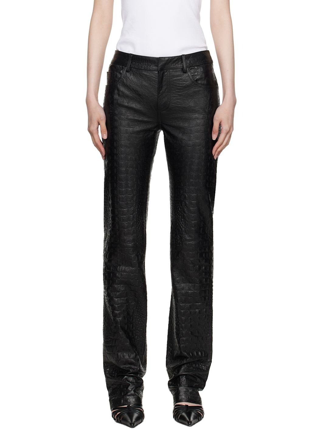 Black Crocodile-Effect Leather Pants - 1