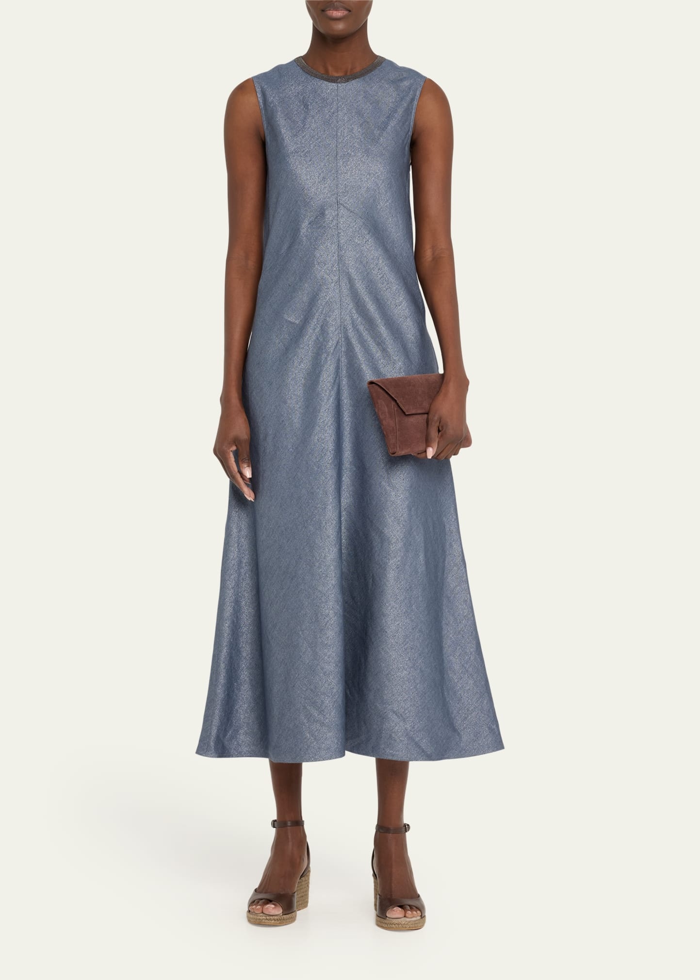 Shiny Long Linen Wool Twill A-Line Dress with Monili Neckline - 2
