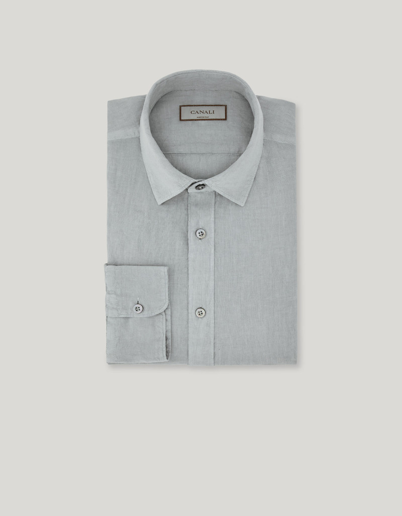 GREEN GARMENT-DYED LINEN REGULAR-FIT SHIRT WITH NARROW POINTED COLLAR 1