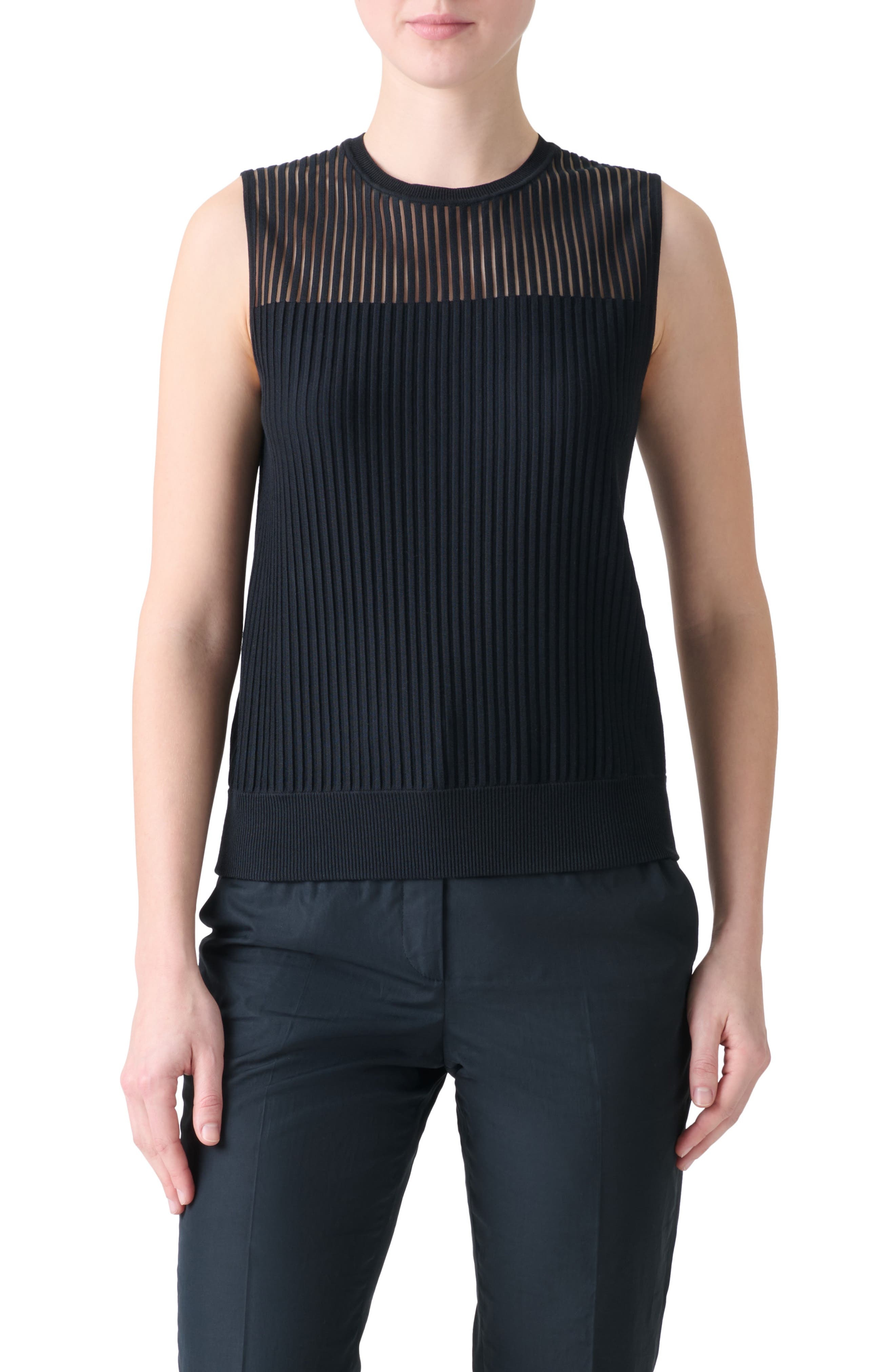 Akris Sheer Stripe Silk & Cotton Blend Sleeveless Sweater in Black at Nordstrom - 1