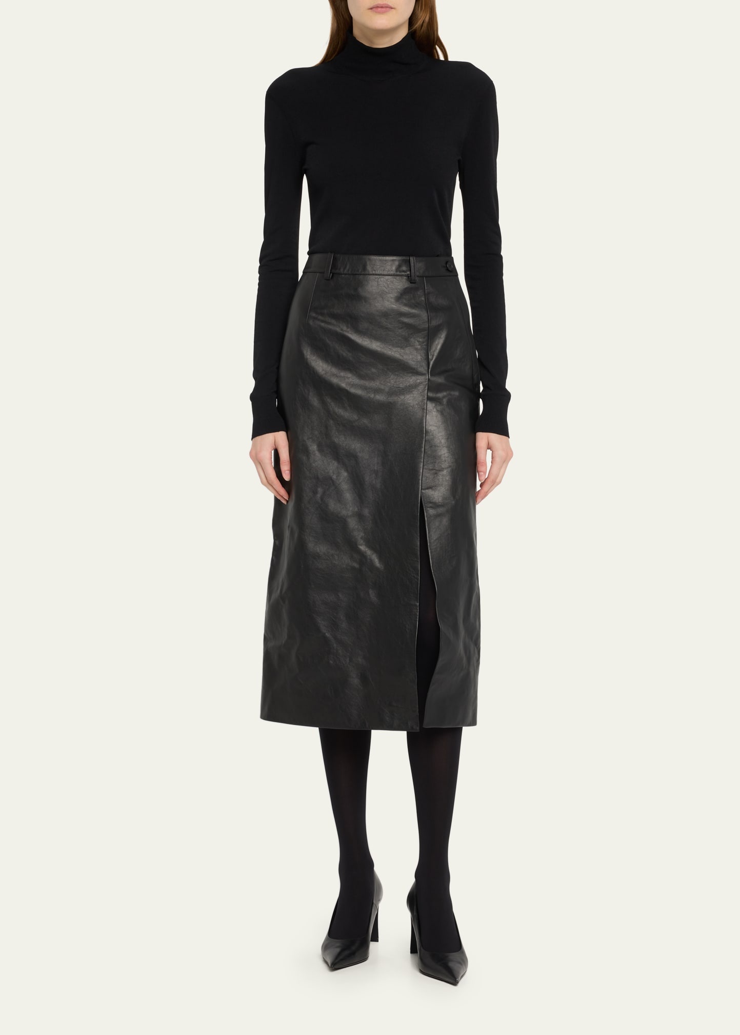 Slit Tailored Leather Midi Skirt - 2