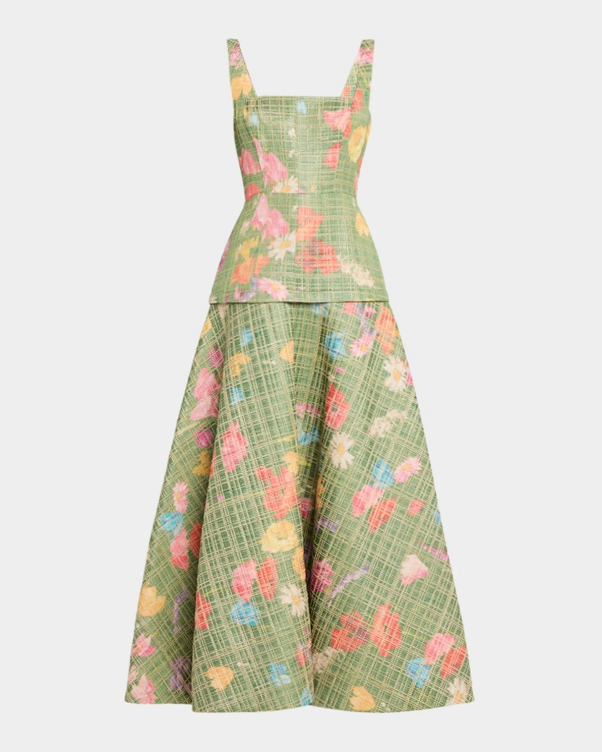 Floral Raffia Drop-Waist Sleeveless Ankle Dress - 1