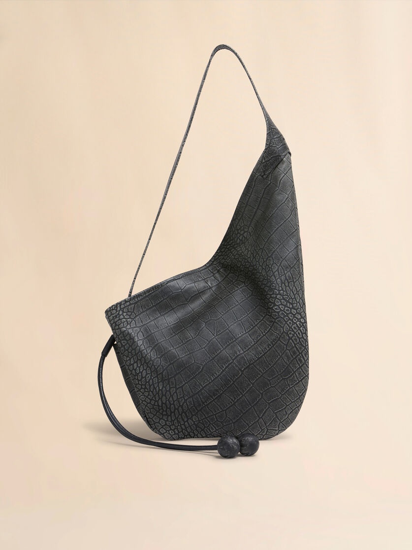 SMALL BLACK CROCODILE PRINT HOBO BAG - 1