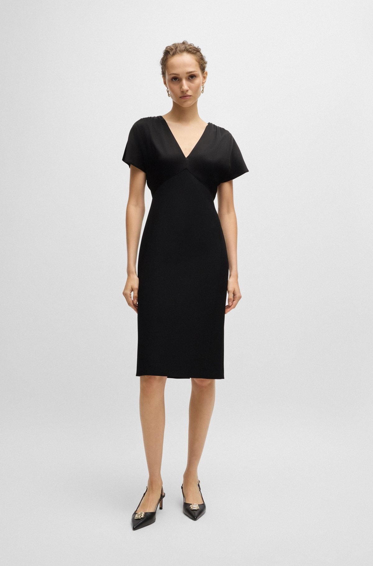 SLIM-FIT V-NECK DRESS IN MIXED MATERIALS - 3
