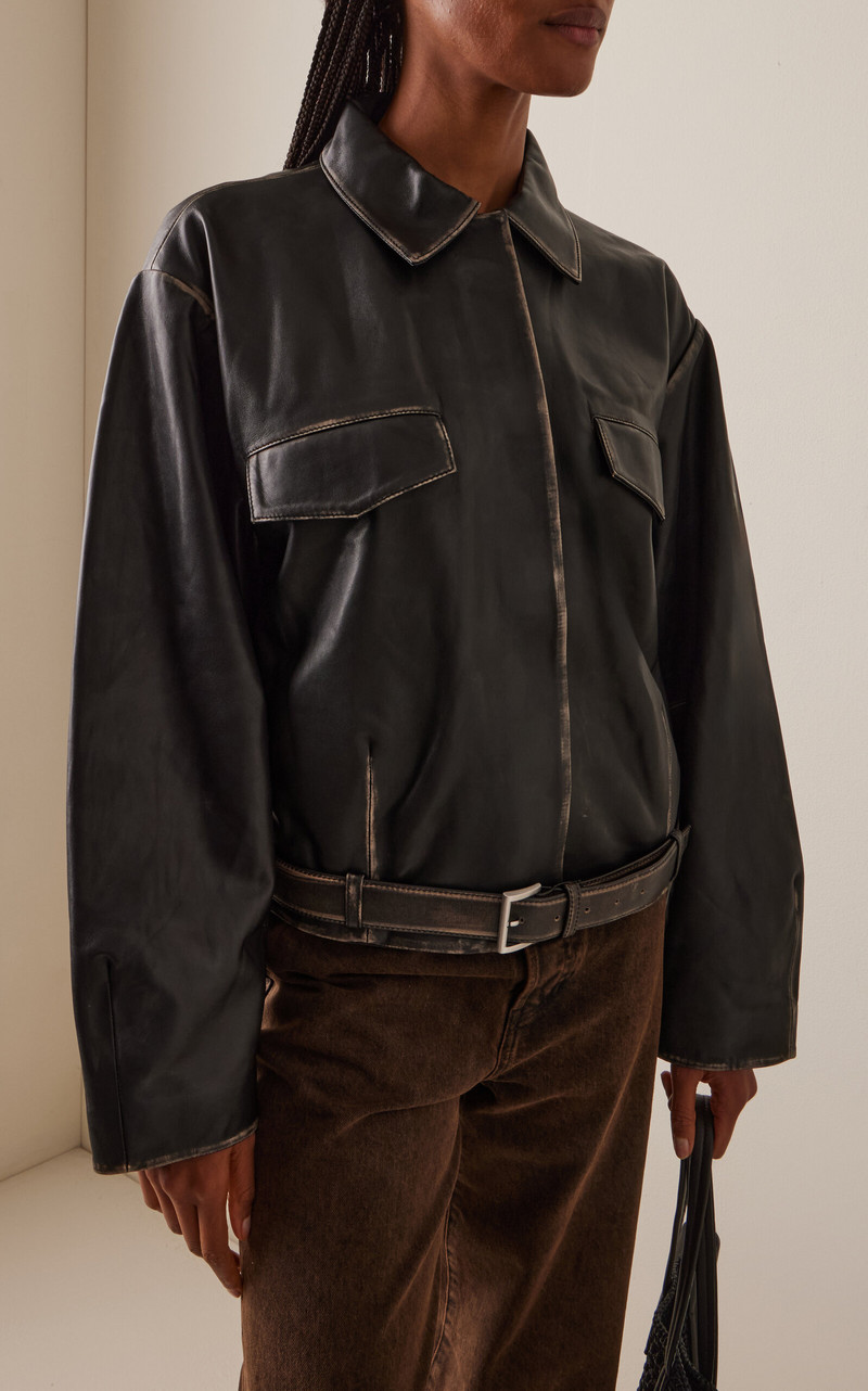 ST. AGNI Belted Brushed-Leather Jacket black outlook