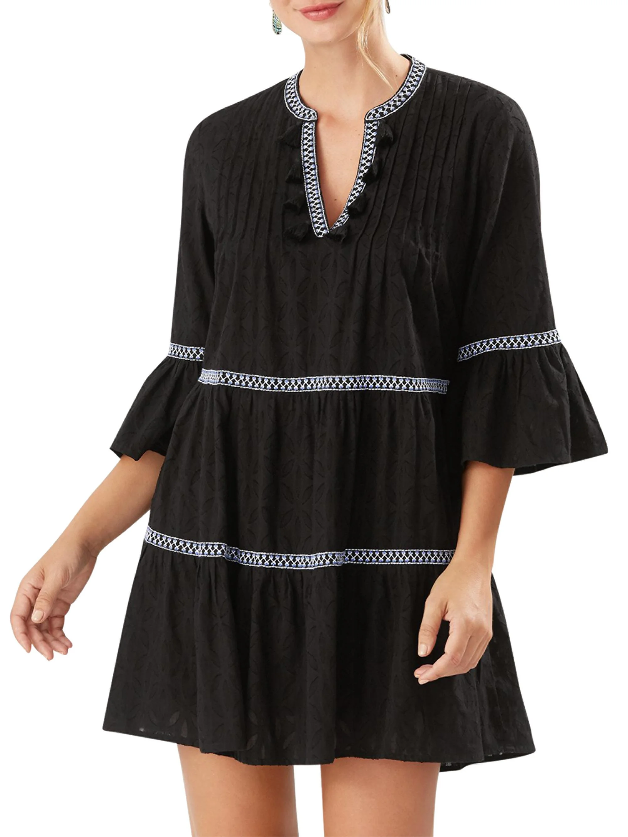 Women's Embroidered Tassel Cotton Tunic Dress - Black - 1
