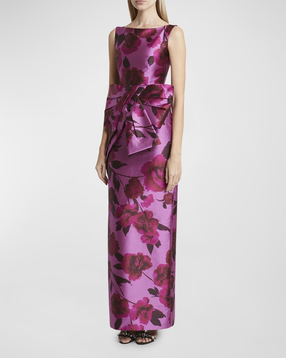 Floral Bow-Front Sleeveless Column Gown - 3