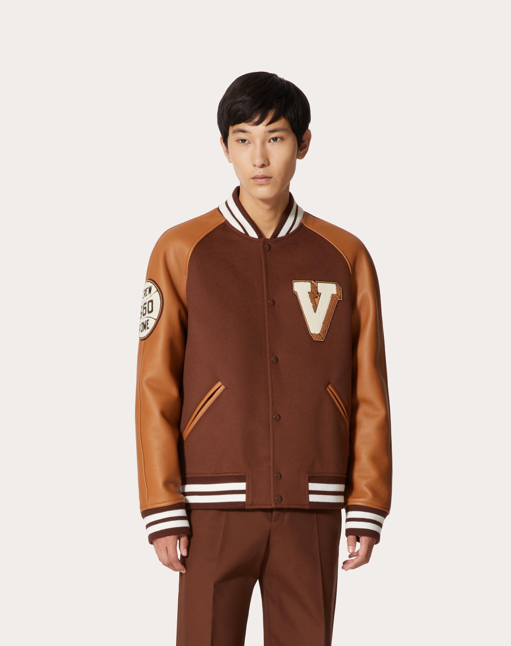 WOOL CLOTH BOMBER JACKET WITH LEATHER SLEEVES AND EMBROIDERED PATCHES - 3