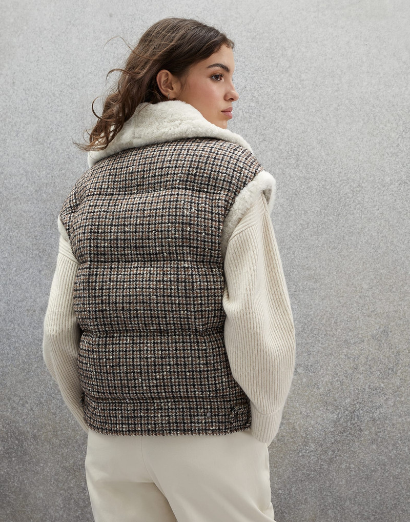 Brunello Cucinelli Checked wool and alpaca biker-style down vest with shearling inserts and monili outlook