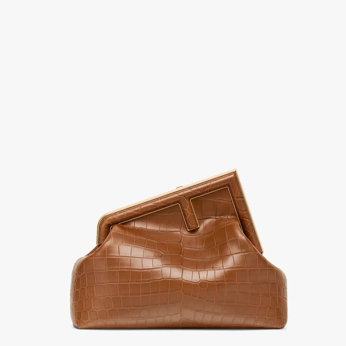 Medium Fendi First bag in exquisite brown crocodile leather with an oversized F metal clasp with ton - 1