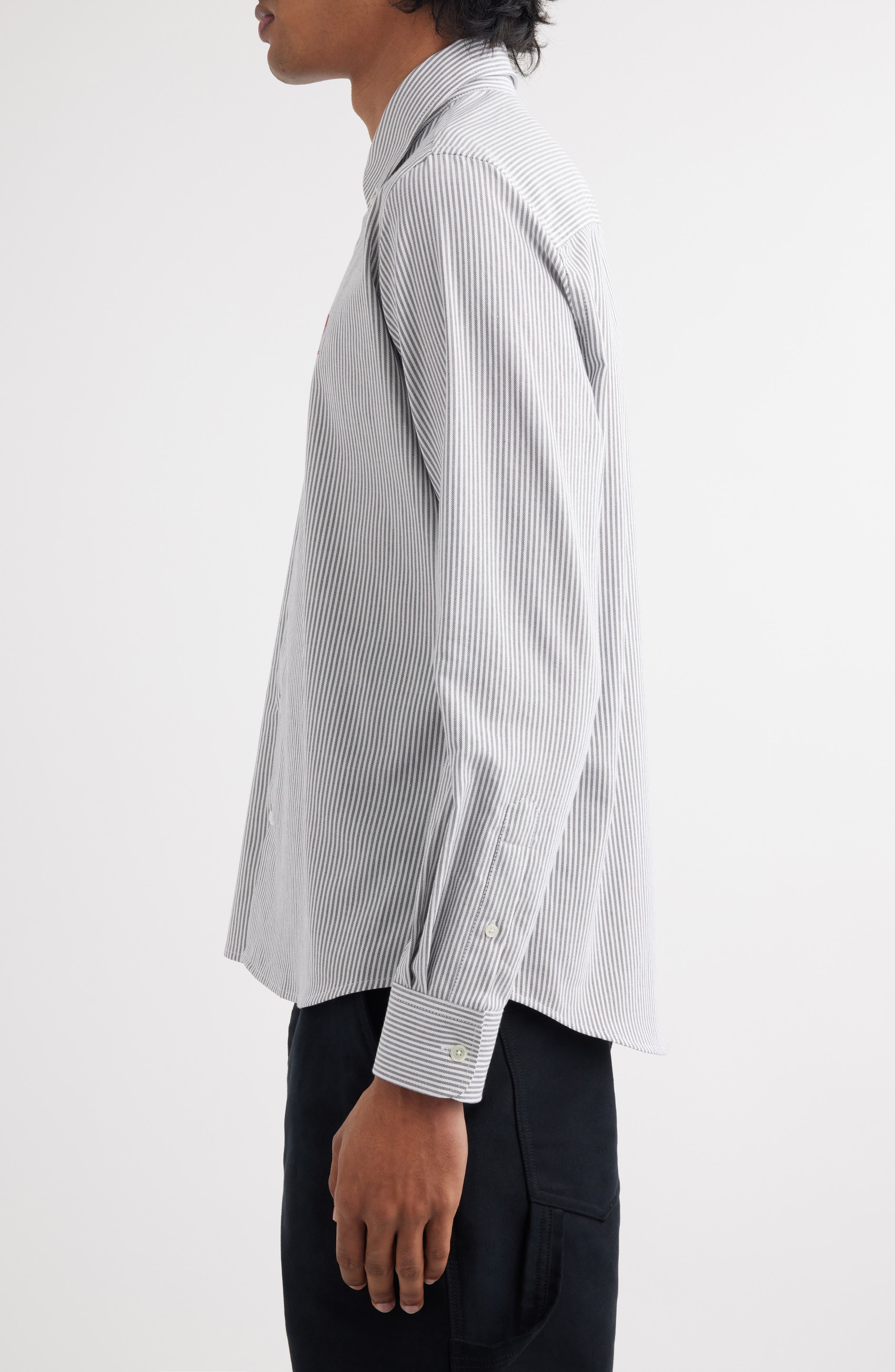 AMI PARIS Ami de Coeur Stripe Cotton Oxford Button-Down Shirt in Black/natural White/039 at Nordstro - 4