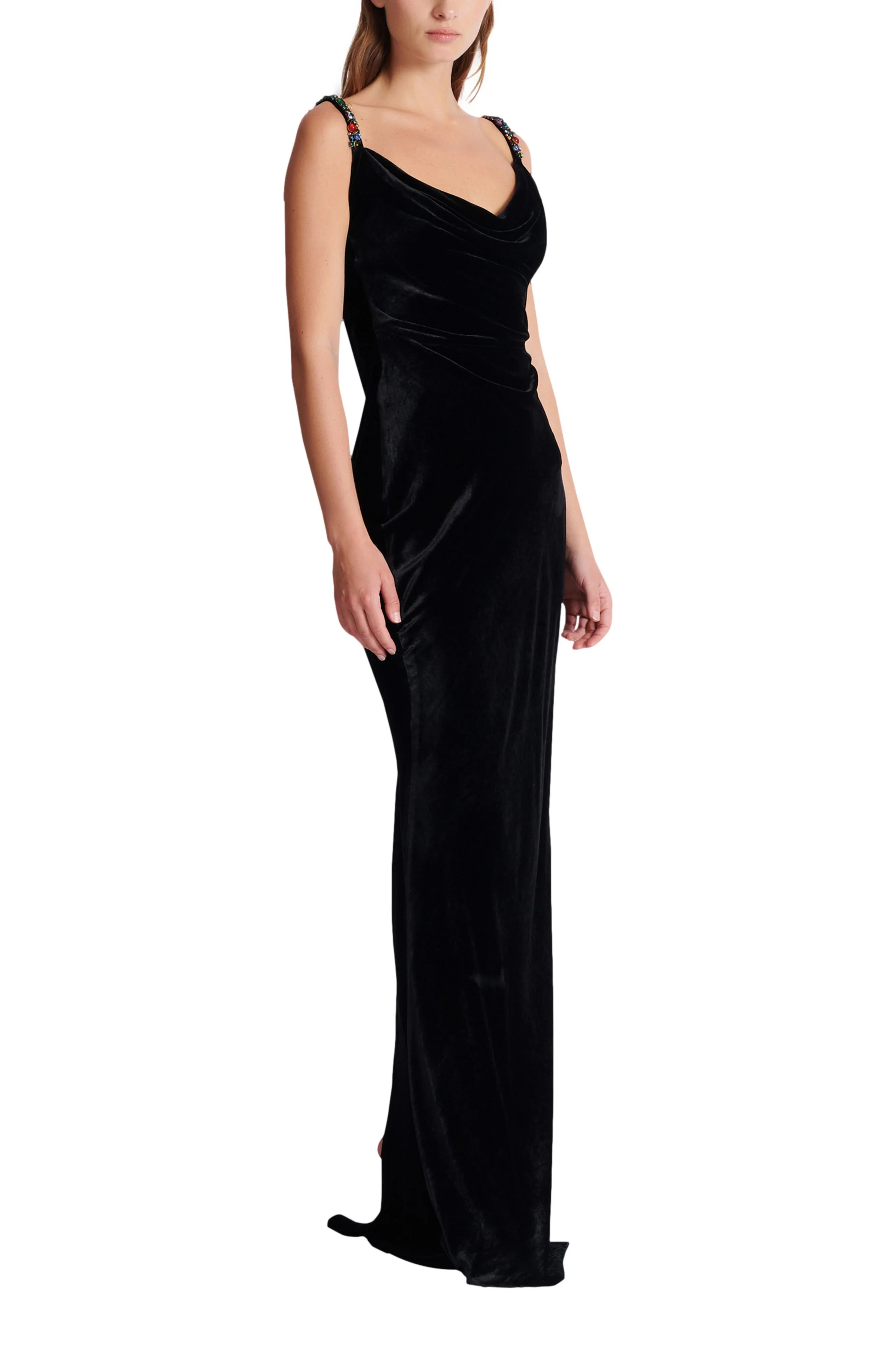Balmain Long velvet dress with embellished straps in Black at Nordstrom - 1