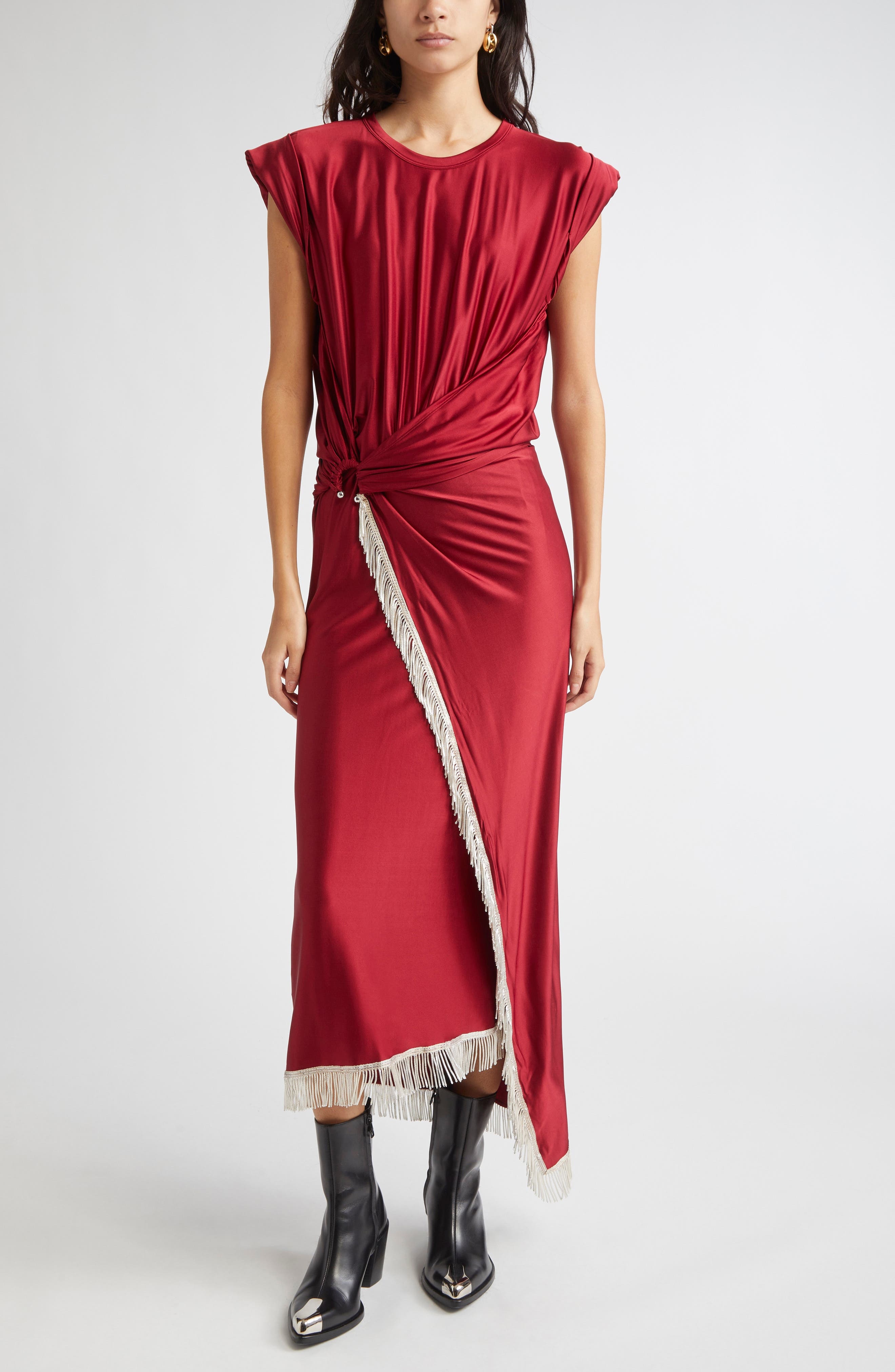 Rabanne Piercing Fringe Asymmetric Jersey Dress in Ruby Red at Nordstrom - 1
