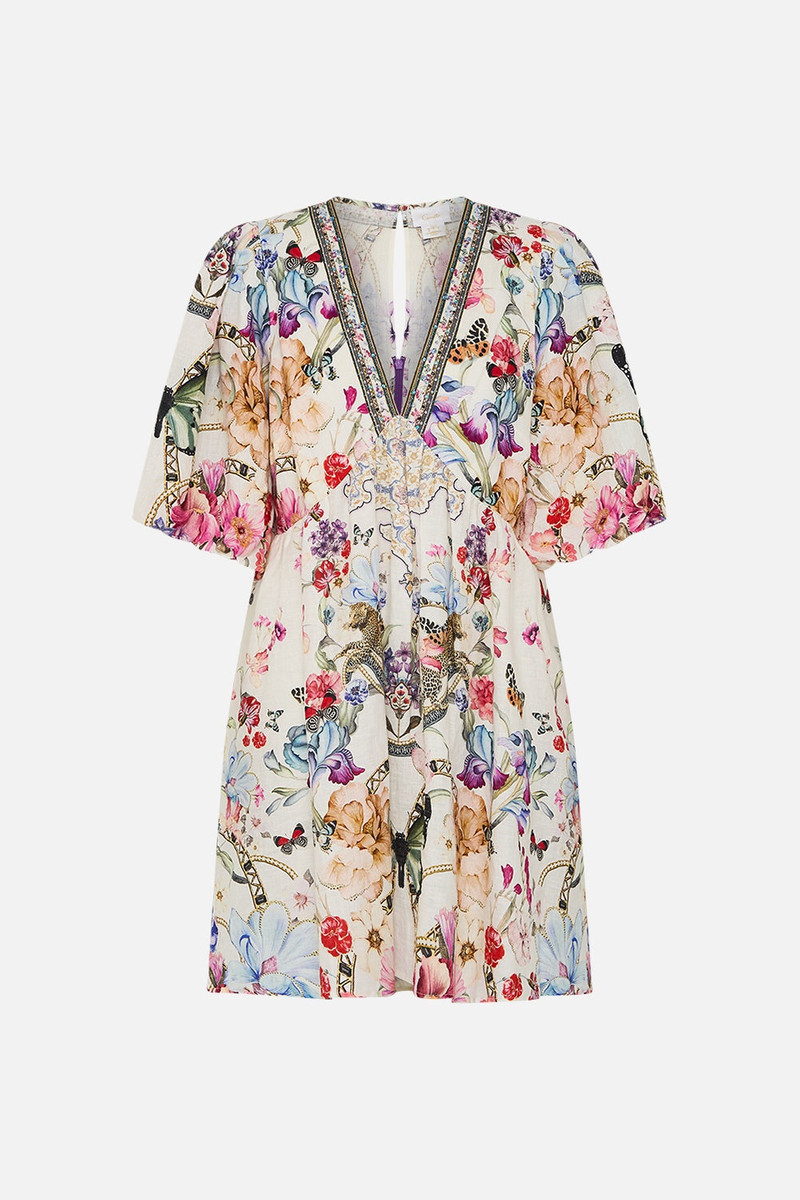 V NECK PUFF SLEEVE SHORT DRESS - 1