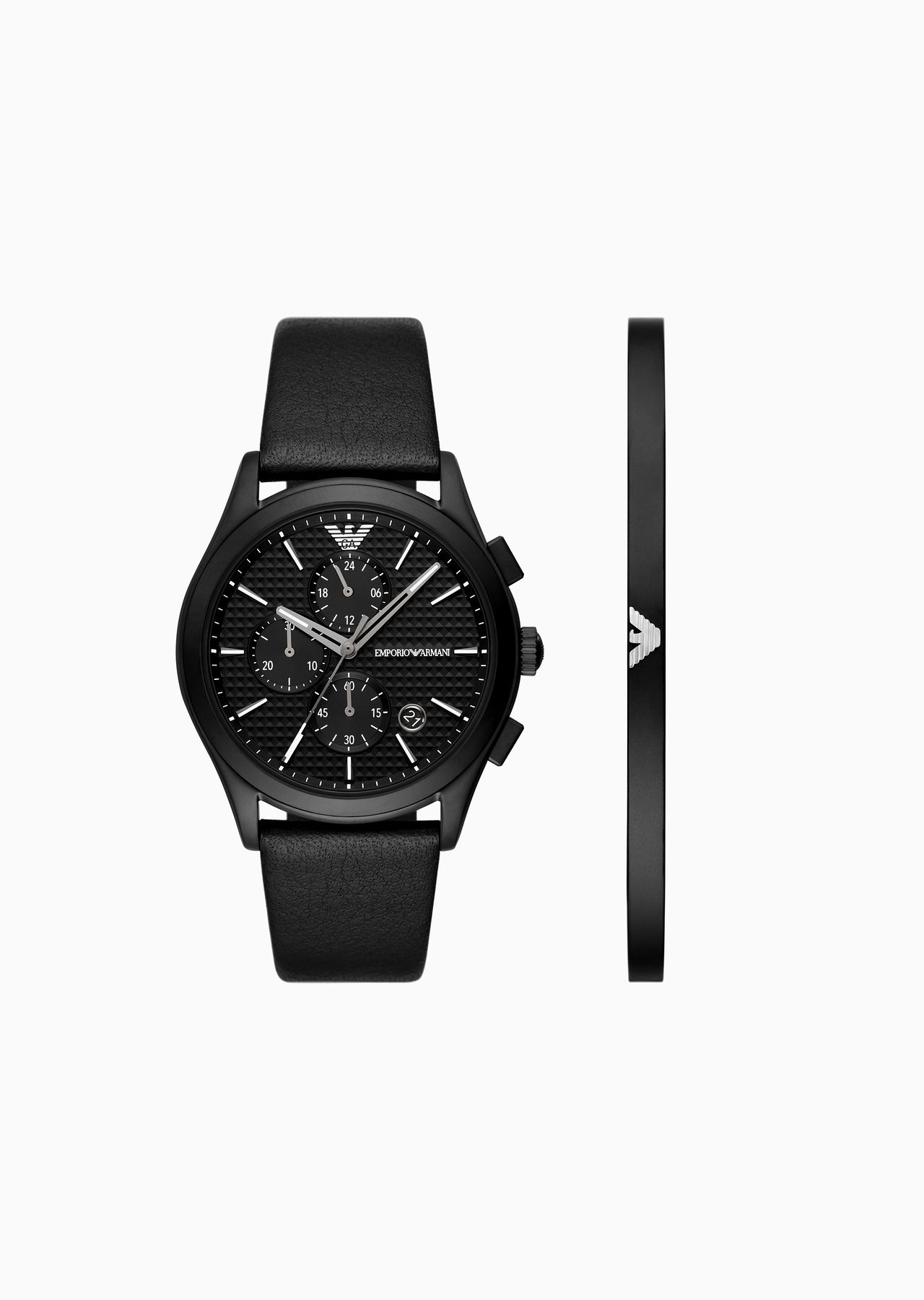 Chronograph Black Leather Watch and Bracelet Set - 1