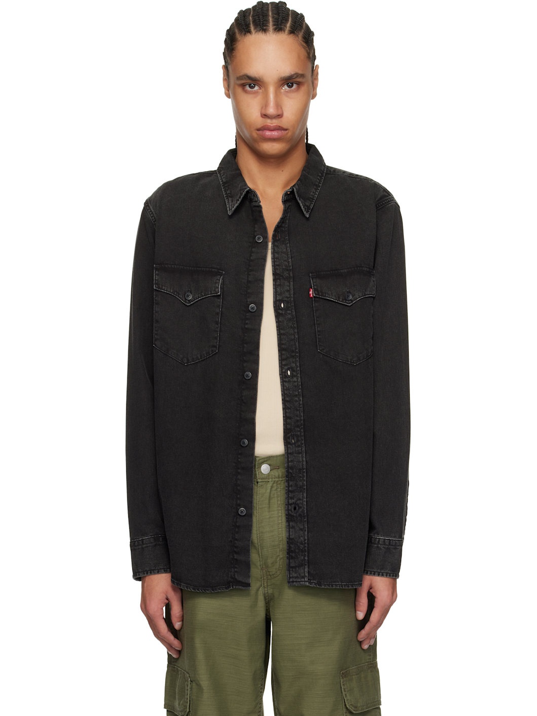 Black Relaxed Fit Western Denim Overshirt - 1
