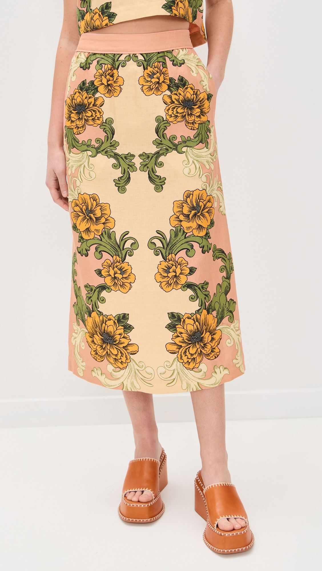 Delicate Flower Arabesques Pink Midi Skirt - 6