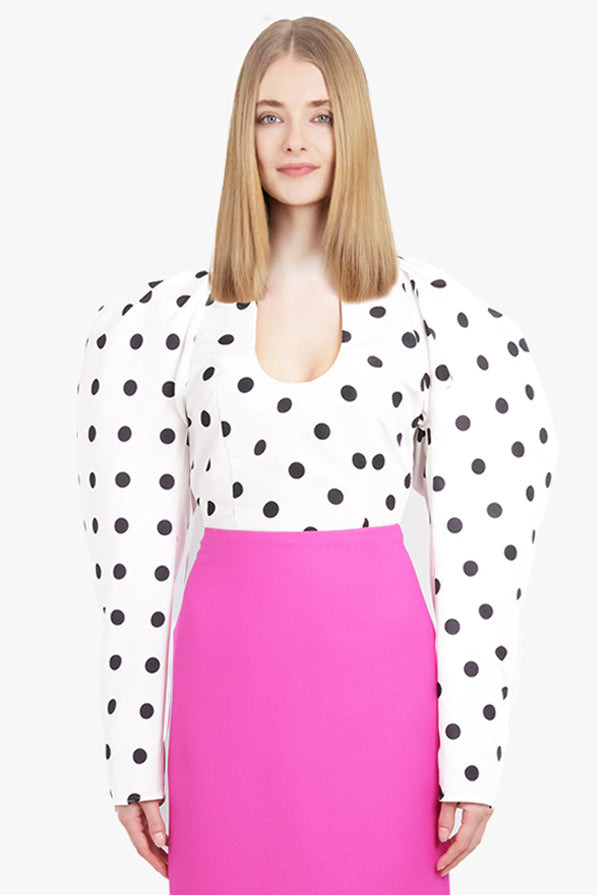 POLKA DOT PRINT L/S SWEETHEART NECKLINE TOP | WHITE/BLACK - 6