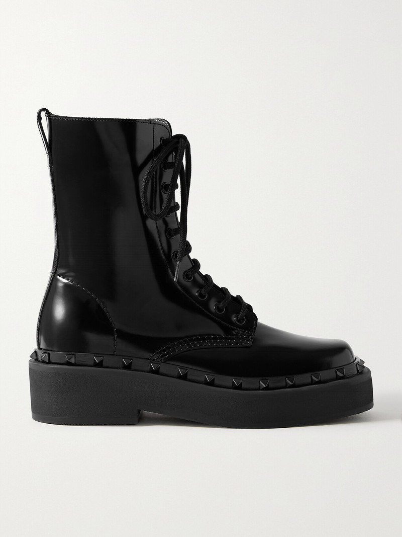 Rockstud Embellished Glossed-leather Ankle Boots 1