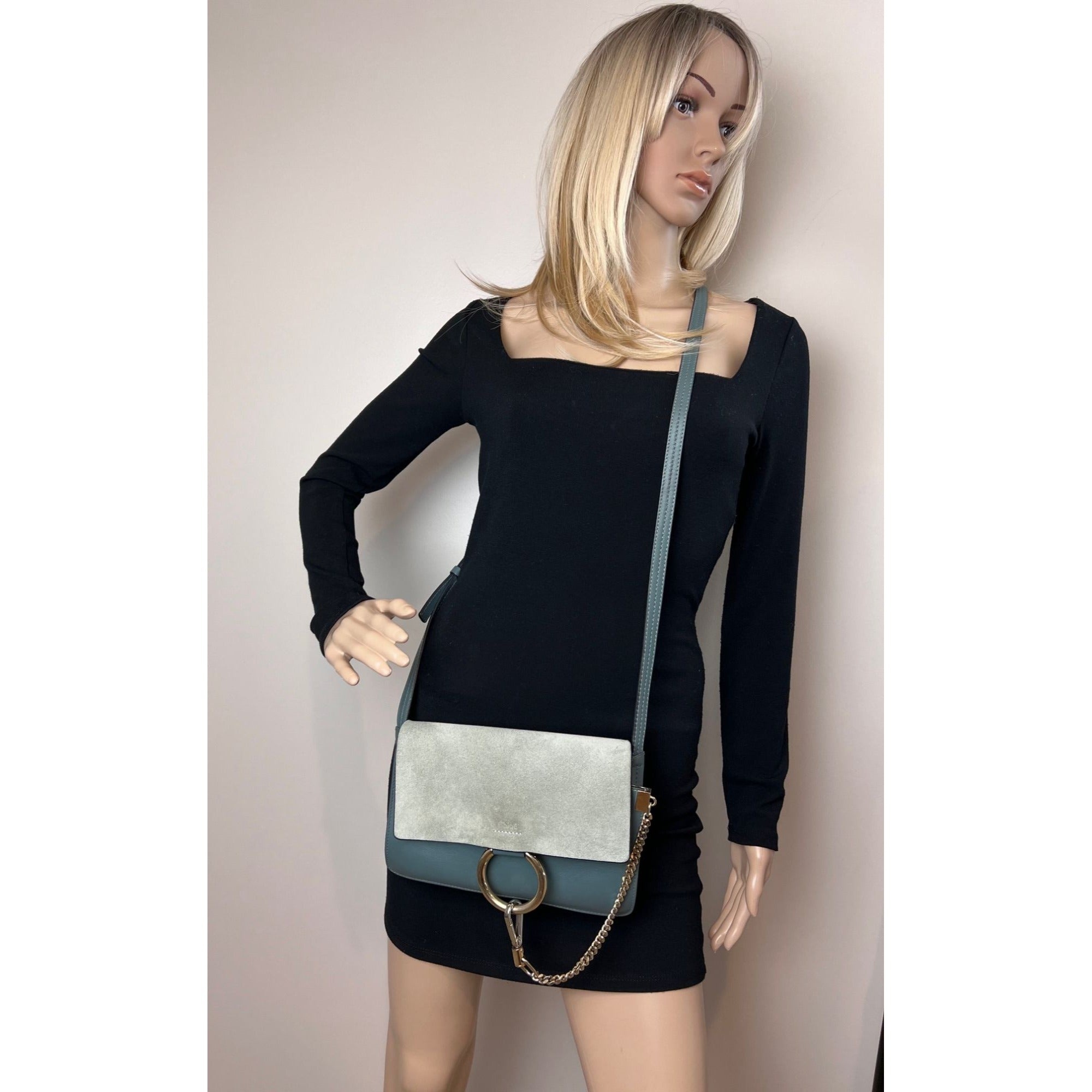 Chloe Faye Chain Suede Leather Gray Blue Crossbody Bag - 12