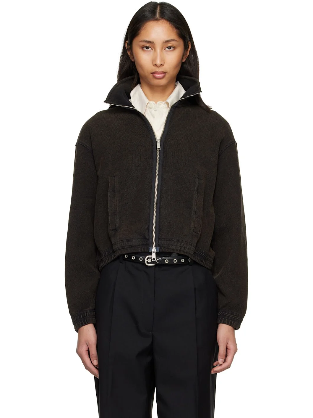 Black Cropped Leisure Zip Up Sweater - 1