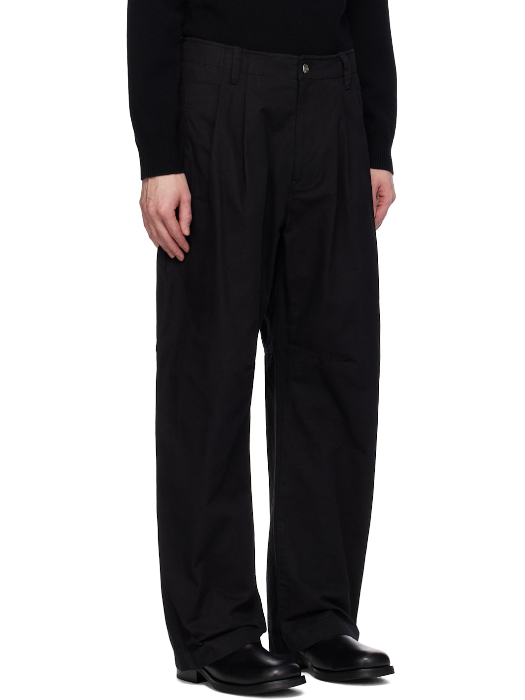Black Curved Two Tuck Cotton Trousers - 2