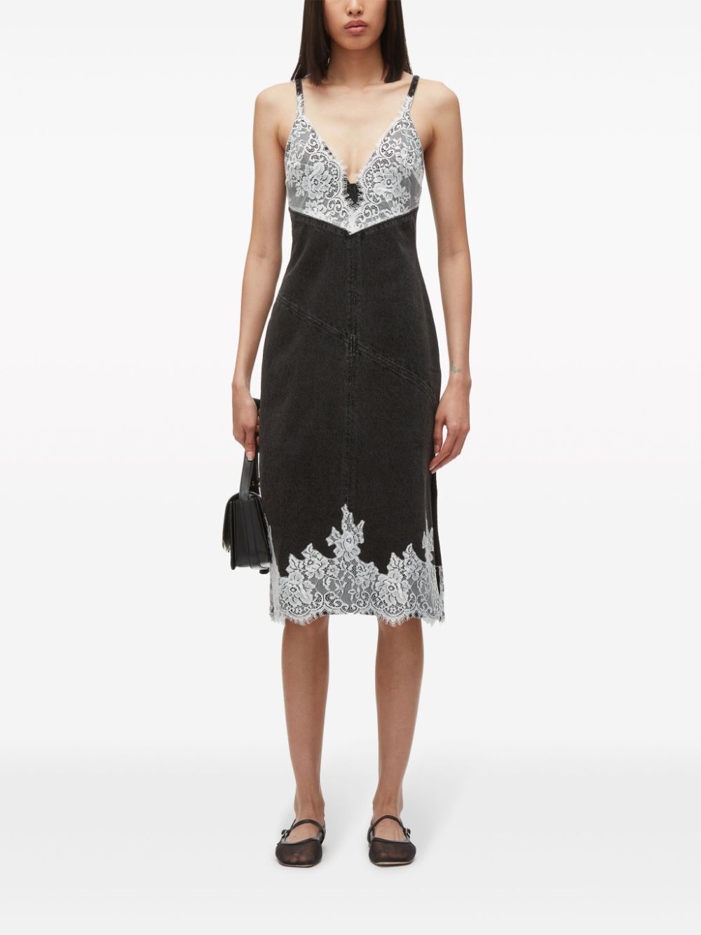 lace-trim denim slip dress - 2