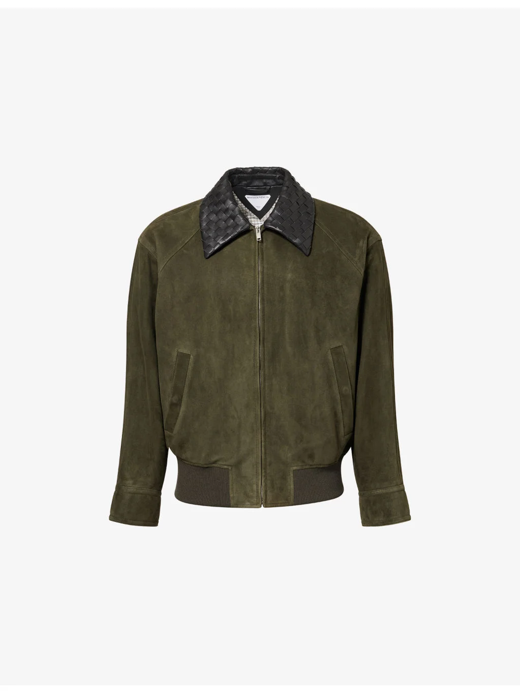 Woven-Collar Long-Sleeve Suede Jacket - 1