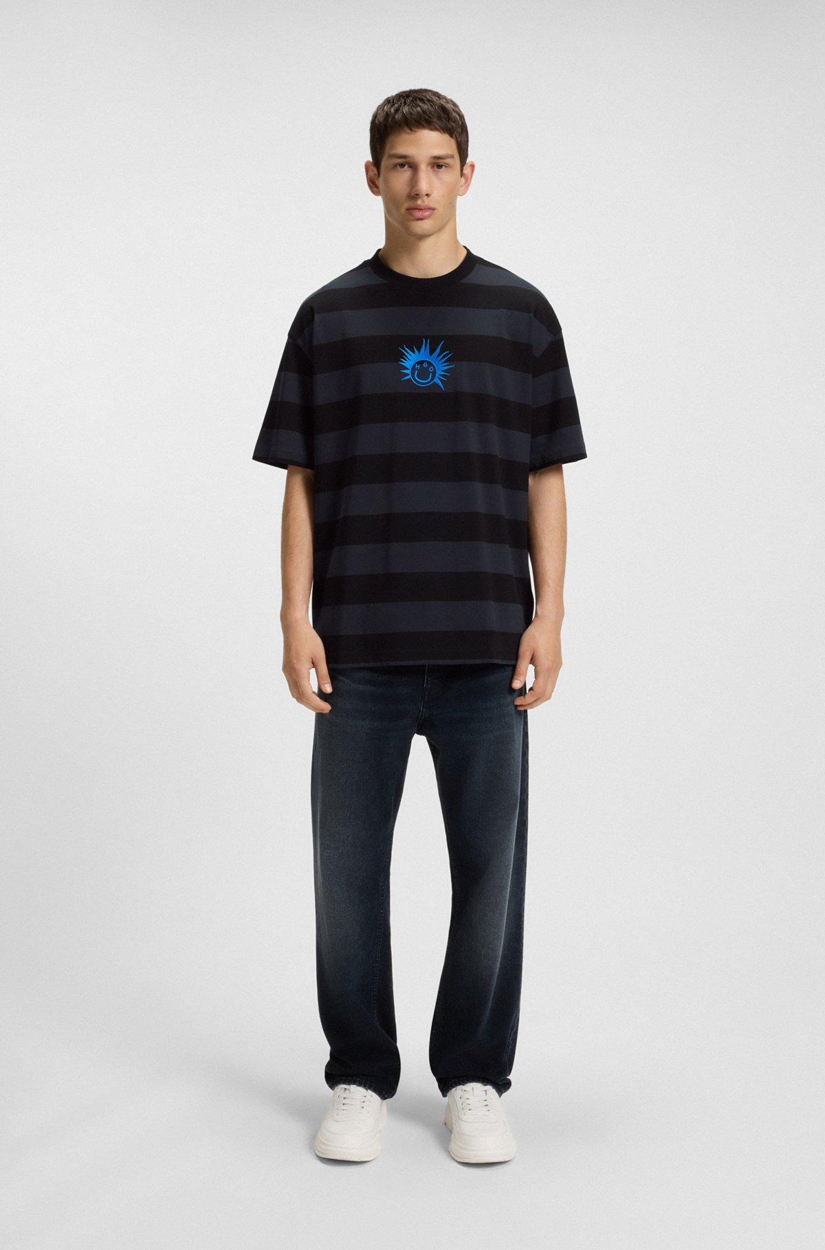 STRIPED-COTTON T-SHIRT WITH HAPPY HUGO LOGO - 4