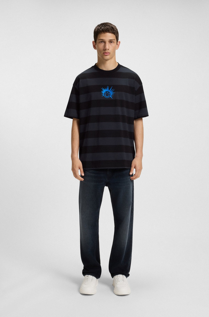 HUGO STRIPED-COTTON T-SHIRT WITH HAPPY HUGO LOGO outlook