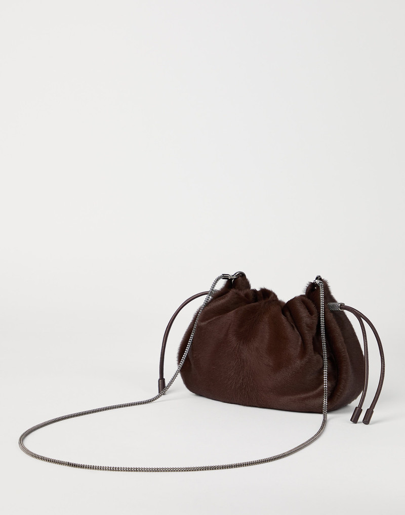 Brunello Cucinelli Mellow mini bucket bag in calf hair with precious chain outlook