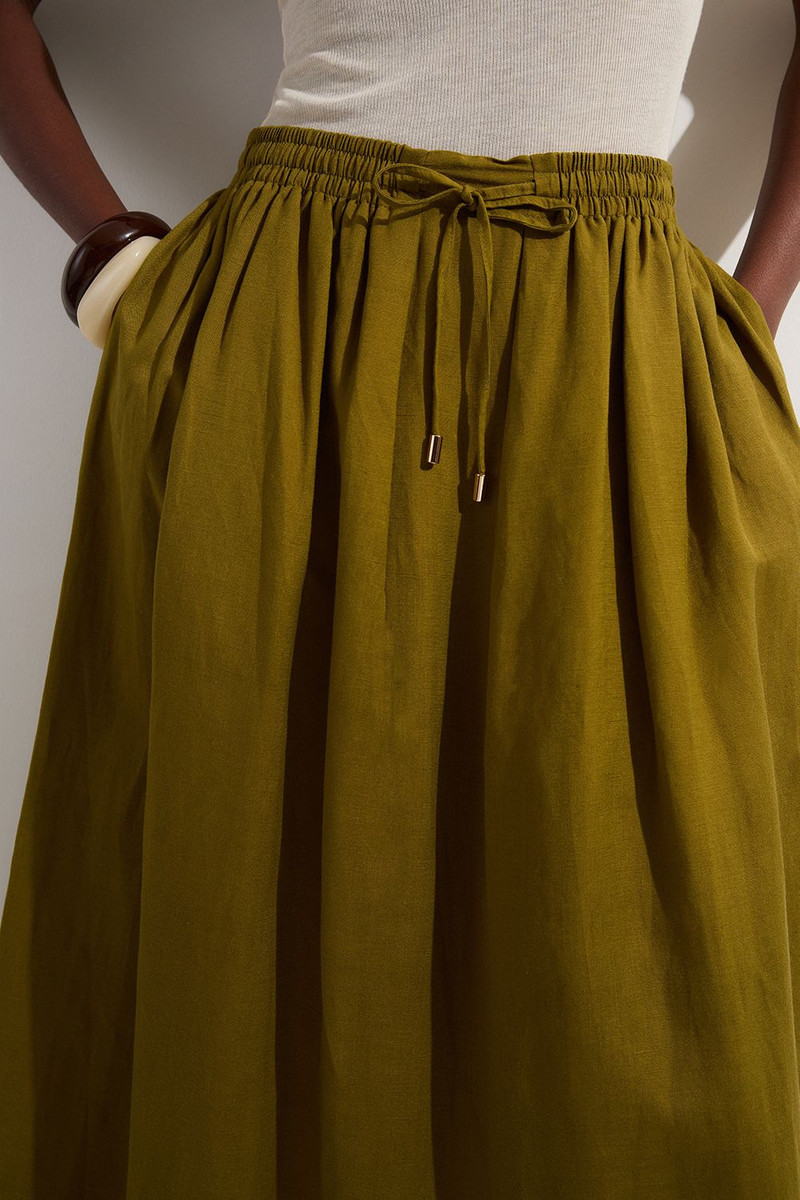 Viscose Linen Tie Waist Woven Full Midi Skirt 3