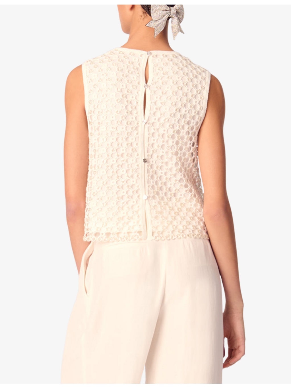 Bead-Embellished Crochet-Overlay Woven Top - 4