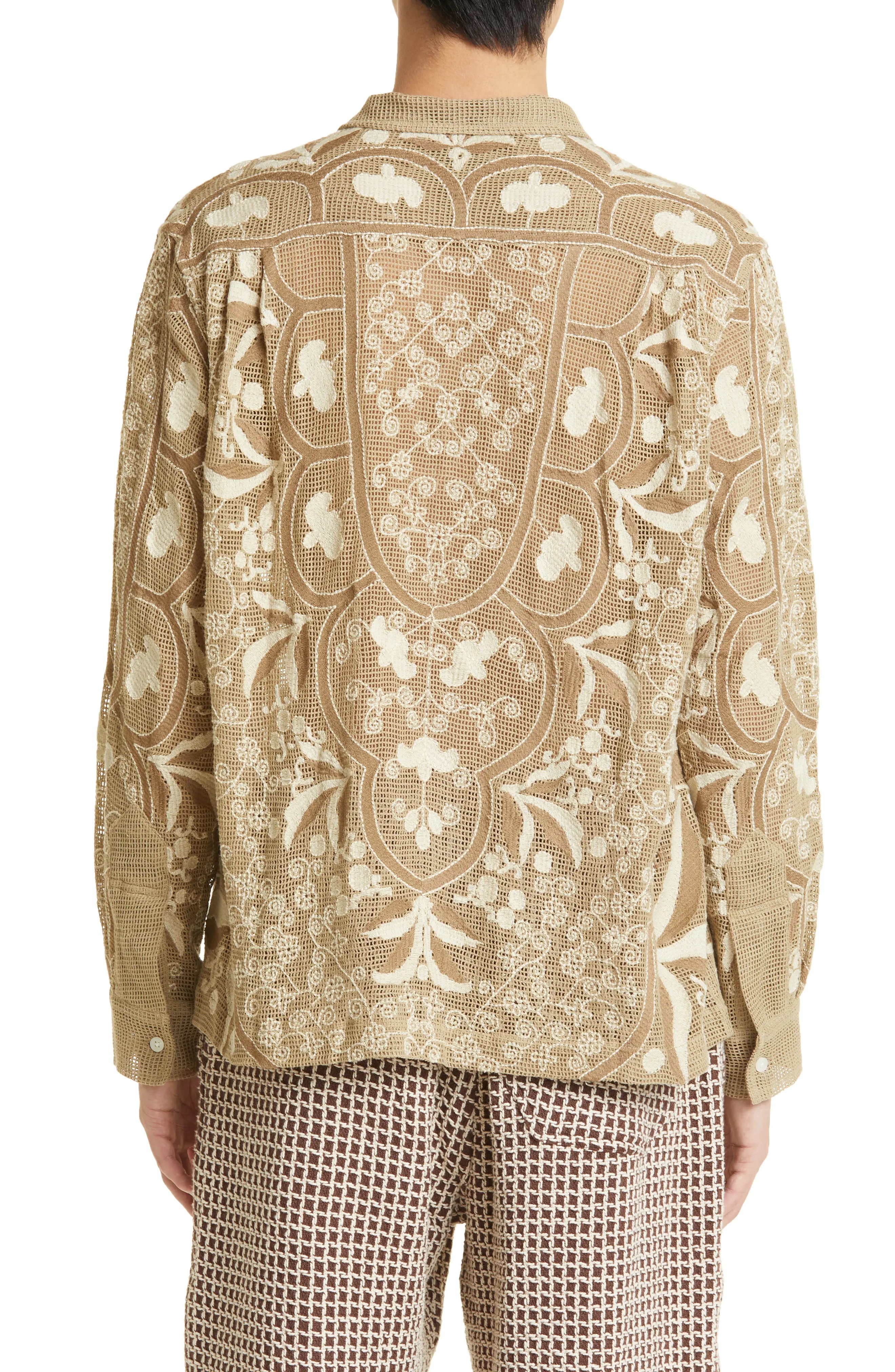 Filet Filigree Embroidered Mesh Button-Up Shirt - 3