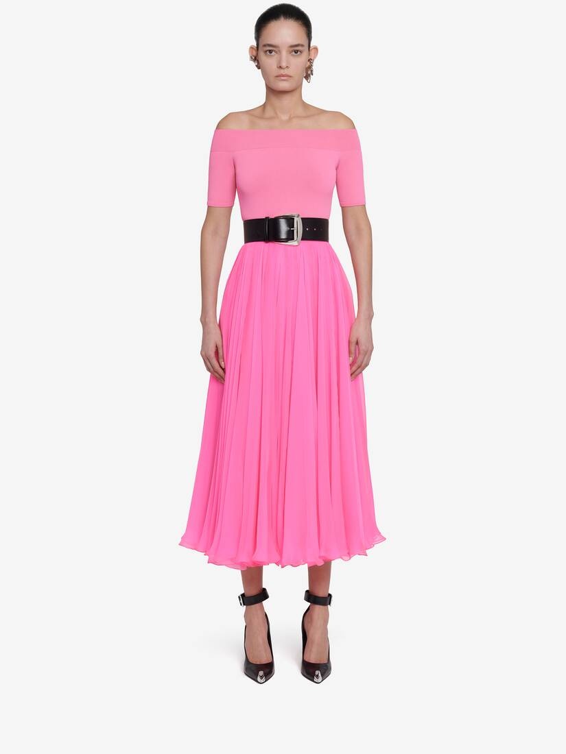 Women's Pleated Midi Skirt in Psychedelic Pink - 2