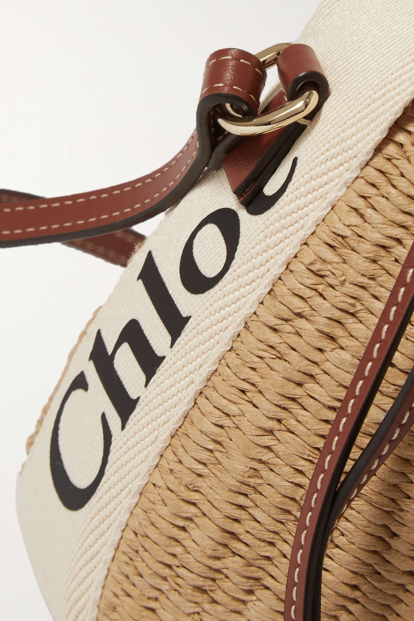 Woody small leather-trimmed raffia basket bag - 4