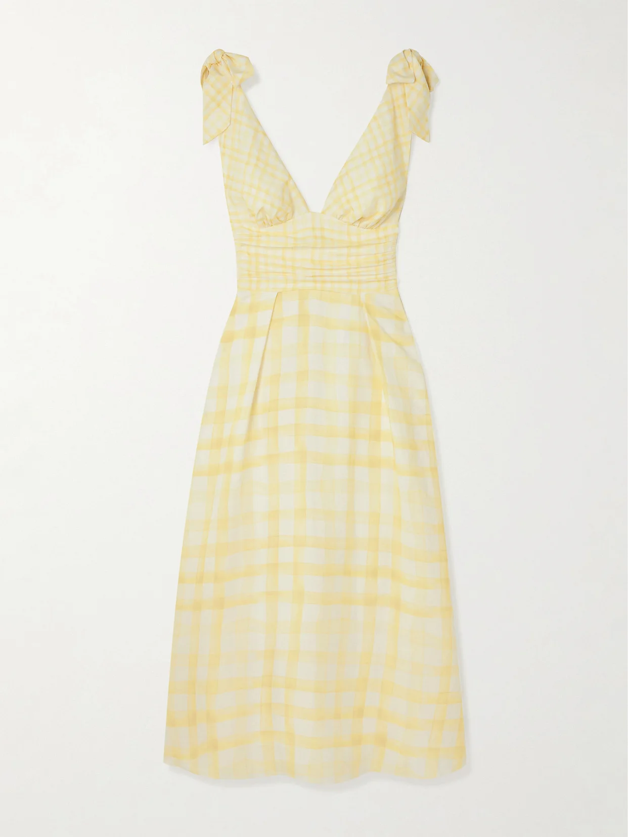 Bow-detailed Checked Lyocell And Linen-blend Midi Dress - 1