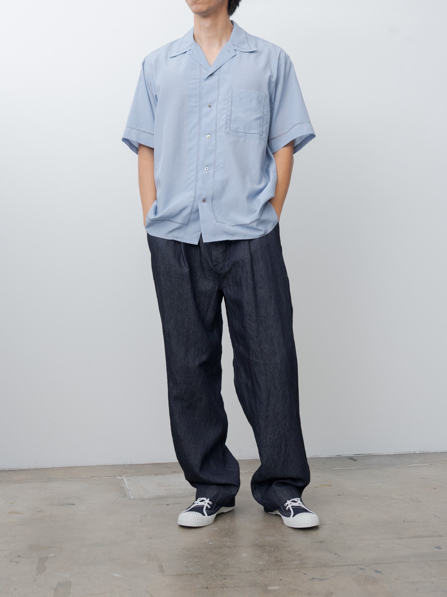 Embroidery Open Collar Shirt - Sax Blue - 10